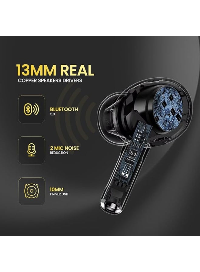 هامزون سماعات أذن لاسلكية بتقنية بلوتوث 5.3، صوت ستيريو بجهير عميق، مزودة بأربعة ميكروفونات مع تقنية ENC مكبر صوت نحاسي 13 مم، علبة شحن مع شاشة عرض LED للطاقة، شحن سريع Type-C، مقاومة للماء، سماعات مناسبة للألعاب والرياضة والموسيقى - Image 4